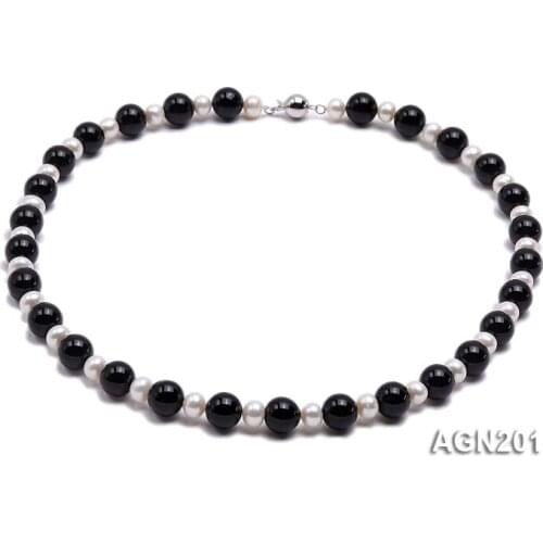 Unique Pearls jewellery Store Perfect 10mm Black Agate White Freshwater Pearl Necklace 47cm Charming Women Gift