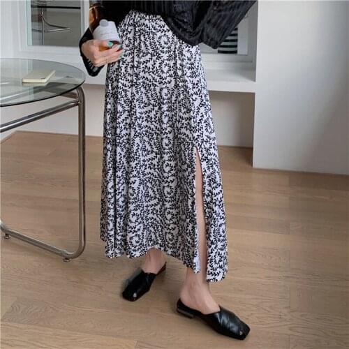 Alien Kitty 2021 New Summer Womens A-Line Skirt Floral High Waist Thin Vintage Mid-Length Fashion Split Casual Gentle Classic