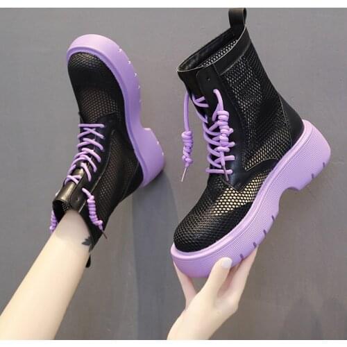 Summer Hollow Out Women Ankle Boots Sandals Ladies Flat Lace Up Fashion Round Toe Martin Boots Female Platform Candy Color PW141