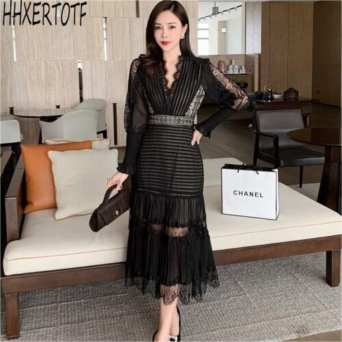 High quality 2021 spring Fashion women Runway Lace stitching Long Sleeve High Waist lace Dresses