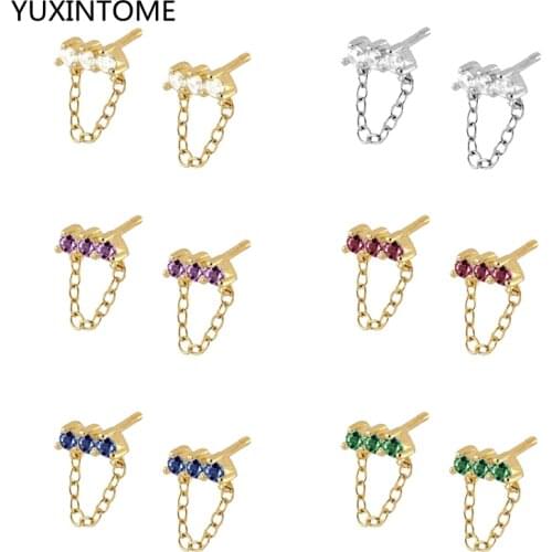 925 Sterling Silver Ear Needle Stud Earrings for Woman Fashion Jewelry Dainty CZ Bar Shaped Earrings With Dangling Chain