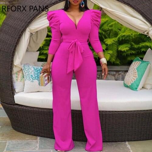 Women Solid Elegant Sashes Deep V neck Puff Sleeve Bodycon Jumpsuit