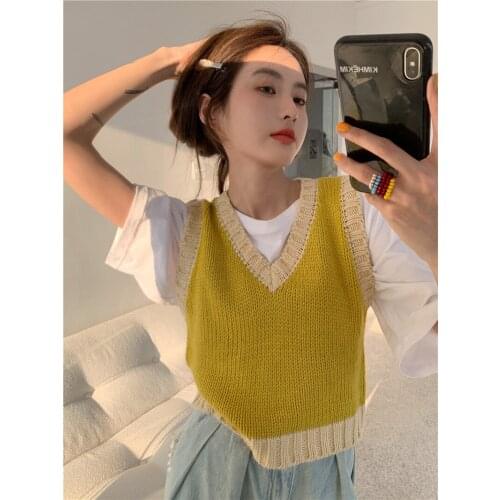 Knitted Vest Womens Short V-neck Sweater Vest Waistcoat Yellow Outer Coat Jacket V-Neck Pullover Tank Tops Sleeveless Sweater