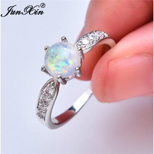 Boho Female Round CZ Stone Ring White Fire Opal Rings For Women Silver Color Filled Wedding Bands Unique Birthstone Ring