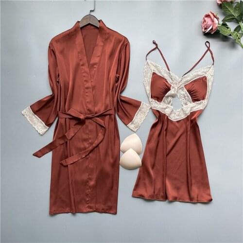 2021 New Women Sexy Robe Set Casual 2PCS Sleepwear Satin Kimono Gown Lounge Wear Lace Nightgown Soft Intimate Lingerie Homewear