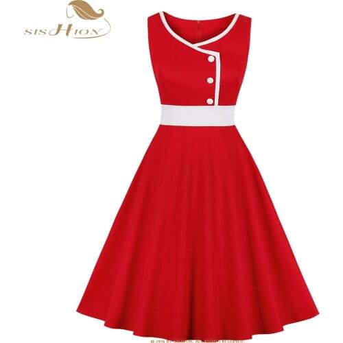 50s Hepburn Style Elegant Vintage Dress with Button VD2054 Summer Cotton Sleeveless Red Women Dress