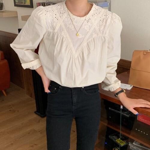 FairyNatural Women Cotton 100% Lace Patchwork Embroidery Tops Korean Chic Lady White Lanyern Sleeve Shirt Sweet Girl