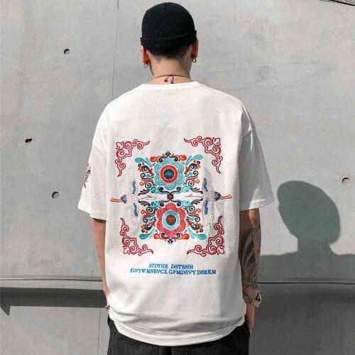 Men Japanese Streetwear T-Shirt Casual Embroidery Cotton Fashion Tops Tees
