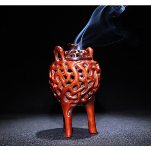 5" China Lucky Old Boxwood Hand-carved Hollow incense burner Incense burner Three-legged incense Office Ornaments Lucky