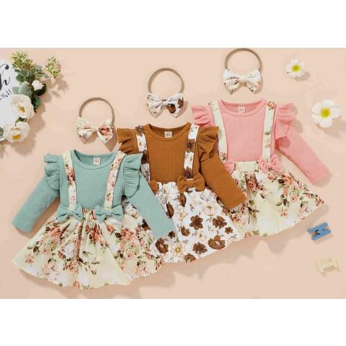 Princess Autumn New Infant Baby Girls Clothes Set Flying Sleeves Ribbed Tops+Suspender Skirt+Bow Headband Flower Toddler Suit