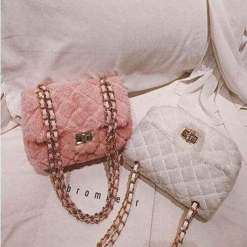 Small Plush Crossbody Bags for Women 2020 Winter Soft Faux Fur Shoulder Handbags and Purses Womens Branded Chain Hand Bag