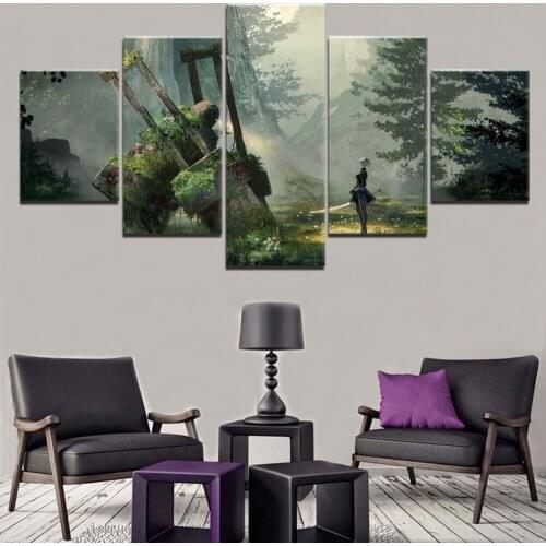 5 Panel Game NieR Automata 2B Modular Canvas Posters Wall Art Pictures Paintings Accessories Home Decor Living Room Decoration