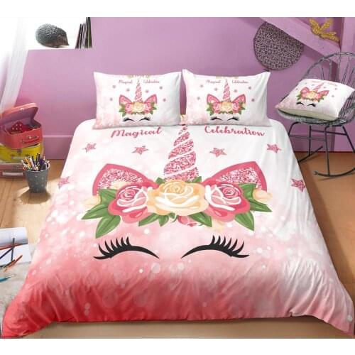 KTLRR Unicorn Duvet Cover Sets,3 Pieces Cute Glitter Tropical Floral Bedding Sets Pink and Gold Bedspread,100% Microfiber