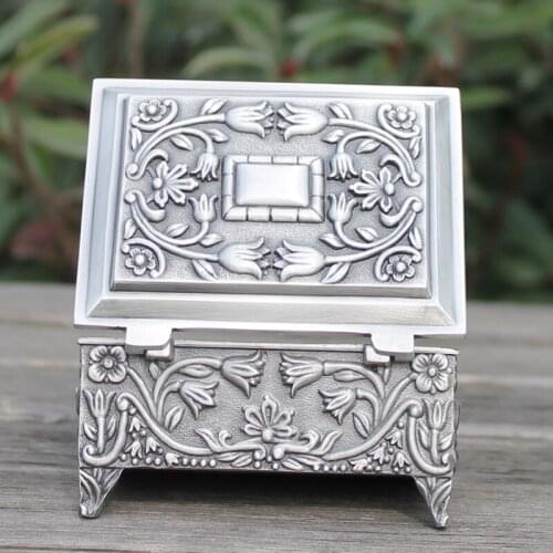 Pewter plated flower engraved metal jewellery box, zinc alloy trinket gift box, nice jewellery case