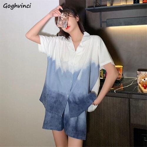 Pajama Sets Women Thin Summer All-match Sleepwear Cozy Sweet Gradient Cotton Short Sleeve Loose Home Lounge Nightwear Soft Cool