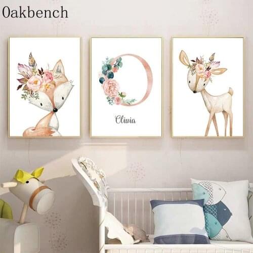 Girls Custom Name Posters And Prints Flowers Canvas Painting Fox Deer Poster Nordic Wall Pictures Baby Girl Bedroom Decoration