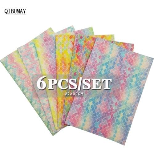 QIBUMAY 6pcs Mermaid Glitter Bow Fabric Rainbow A4 Thin Glitter Faux Leather Sheet DIY Hair bow Accessories Synthetic Leather