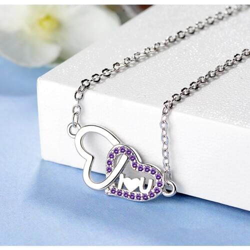 Utimtree Romantic Double Heart Necklaces Pendants for Women 925 Silver jewelry Purple Cubic Zircon Statement Choker Necklace