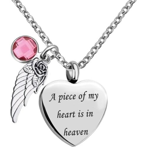 January to December Birthstone Love Heart Angel Wings Urn Necklace for Ashes Stainless Steel Keepsake Memorial Cremation
