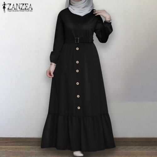 Womens Autumn Sundress ZANZEA Kaftan Muslim Shirt Dress Long Sleeve Maxi Vestidos Female Button Ruffle Vestidos