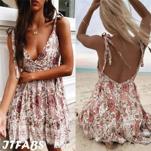 Fashion Women Summer Backless Sundress Beach Style Lady Sleeveless Strap Lace-up Printed Dress Flowers V-Neck Pleated Mini Dress