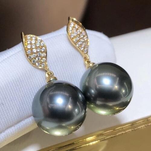D410 Pearl Earrings Fien Jewelry Solid 18K Gold Natural 9-10mm Ocean Sea Water Round Tahiti Pearls Earrings for Women