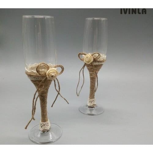 Hot 1 pair Jute Rustic Wedding Twine Flutes Toasting Burlap Glasses Wedding Champagne Bride and Groom Glasses for wedding