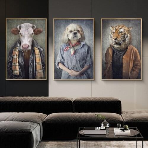 Nordic Vintage Art Animals in Human Clothes Canvas Paintings On the Wall Art Posters And Prints Tiger In Suit Canvas Pictures