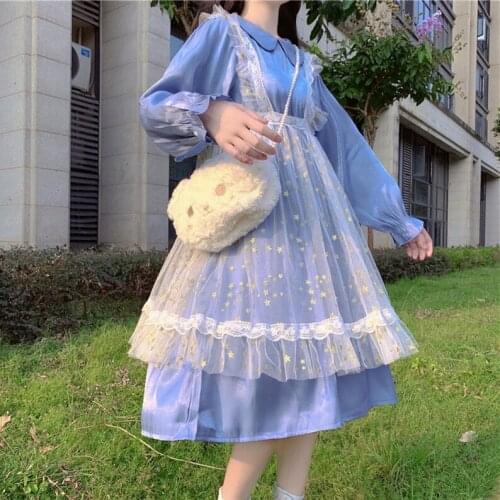 Japaneser Sequined Lolita Outdoor Strap Cover Gauze Skirt Doll Collar Long-Sleeved Dress kawaii clothing sweet lolita dress
