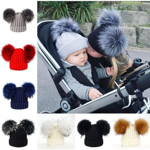 LAURASHOW Winter Real Fur Ball Beanie Hat For Women Kids Baby Fluffy Raccoon Fur Pom Poms Skullies Beanies