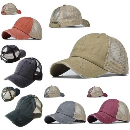 Women Ponytail Messy High Bun Baseball Cap Washed Vintage Distressed Breathable Mesh Back Outdoor Sports Adjustable Snapback Dad