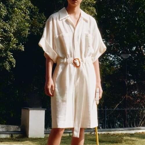 Femme Jumpsuits Rompers Summer Casual Turn Down Neck Shirred Belt Pocket Overalls Jumpsuit Loose Wide Leg Loose Jumpsuit