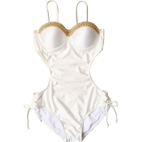 Women one pieces swimwear female sexy hollow metal chain white black halter bathing suit pad swimming suit solid bodysuit 2020