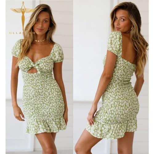 V-Neck Boho Floral Print Womens Slim Mini Dress Hollow Ruffles Tunic Elastic Short Dress Sexy Female Shirred Bodycon Dresses