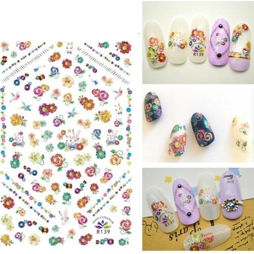 3D Nail Sticker Beautiful Flowers Rabbit Bird Fashion Stickers Autumn Small Adhesive Stickers for Manicure Nail Art Decoration