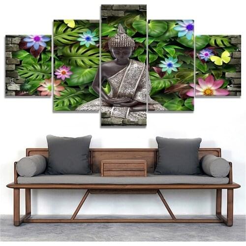 5 Piece Canvas Art Buddha Green Leaves Flowers Cuadros Decoracion Paintings on Canvas Wall Art for Home Decorations Wall Decor