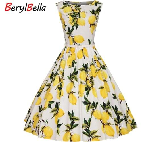 BerylBella Summer Women Dresses Casual Office Beach Summer Dress Sleeveless Slash Dress Lemon Floral Slim Dress Plus Size