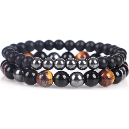 2pcs Set 8/10 Mm Stone Beads Bracelet Set Tiger Eye Hematite Obsidian Black Matte Stone Bracelet for Men Women