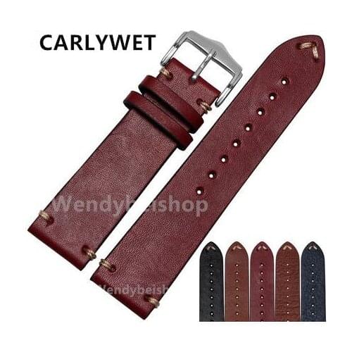 CARLYWET 20 22mm Man Women Handmade C Leather Brown Black Red Blue VINTAGE Wrist Watch Band Strap Belt Silver Polished Buckle