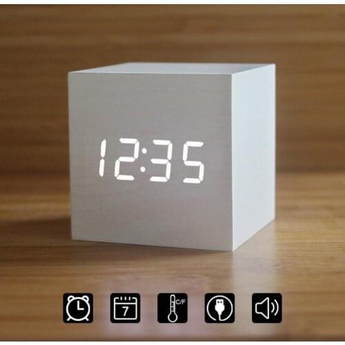 60*60*60mm LED Wooden Alarm Clock Watch Table Voice Control Digital Wood Despertador Electronic USB/AAA Powered Clocks Decor