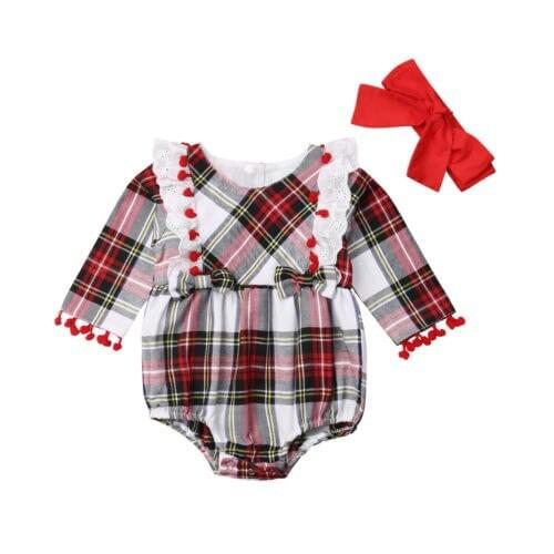 Infant Baby Girl Long Sleeve Lace Plaid Long Sleeve Bodysuit Jumpsuit Outfit Clothes Size 0-24M