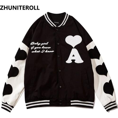 2021 Harajuku Heart Patchwork Jacket Men Embroidery Bomber Jackets Fashion Baseball Coats Streetwear Windbreaker College Tops