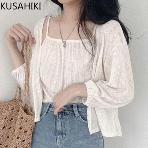 KUSAHIKI Women Summer Two Pieces Sets Chic Summer Elegant Sling Vest + Long Sleeve Sun Protection Cardigan Korean Outfits 6J801