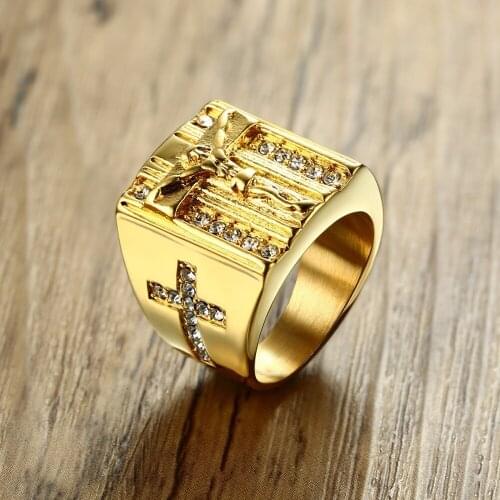Prayer Jesus Cross White Cubic Zirconia Rings for Men Gold Tone Stainless Steel Crucifix CZ Band Male Jewelry