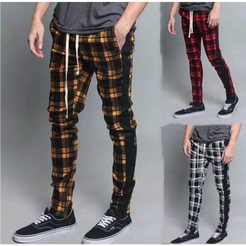 Mens Fashion Casual Pants Street Wear Pants Plaid Slim Cool Trousers japanese streetwear