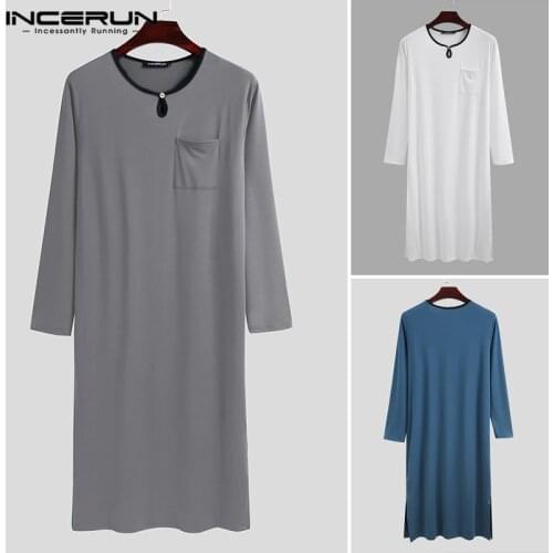 Men Robe Homewear Comfortable Long Sleeve V Neck Soft Leisure Nightgown Breathable Sleepwear Solid Color Mens Bathrobes INCERUN