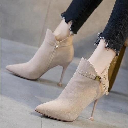 New Temperament Suede Pointed Toe Stiletto High Heels Short Boot Womens Autumn Winter New Beige Short Boots Fashion Pumps Boots