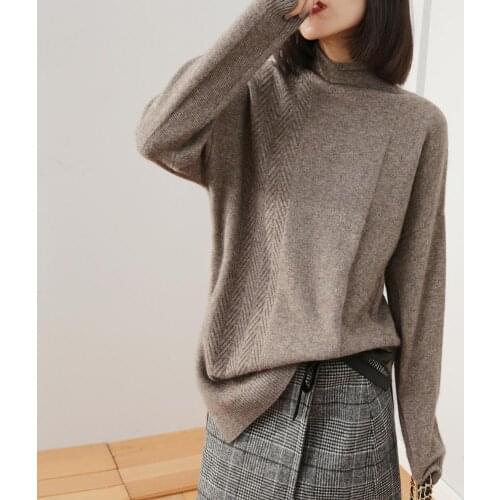 2020 Autumn and Winter New Cashmere Sweater Womens Half-Neck Sweater Pullover Loose Long-sleeved Knit Bottom Twist