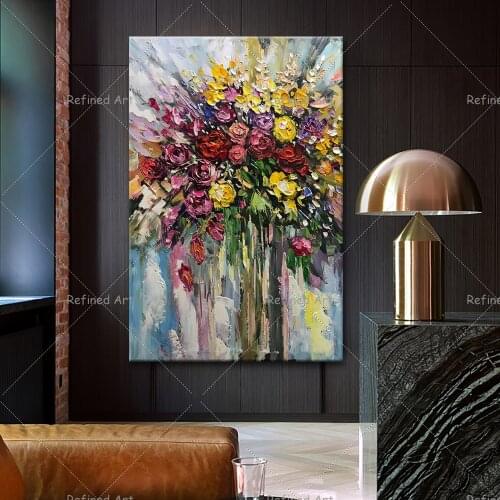 Palette knife Hand Painted Oil Painting Colorful Rose Flower Abstract Art Home Living Room Canvas Wall Decoration Picture