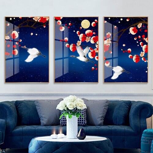 White Pigeon and Flower Poster, Blue Moon Night Red Flower Minimalistic art,Canvas Art Painting Museum Printange Wall Picture